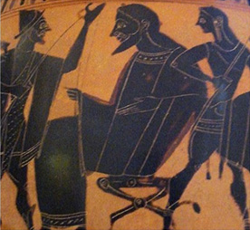 part of ancient greek pottery art black figures on orange background. Zeus in the center conversing with two other gods