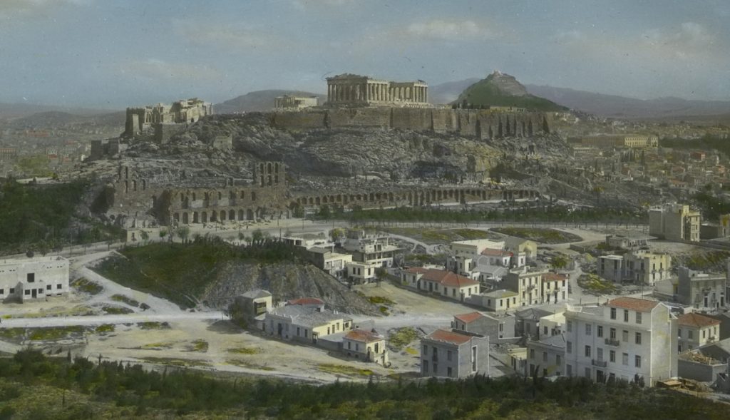 Image of the Acropolis in Athens hand colored photo